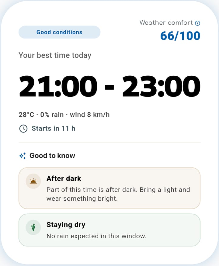 WalkiNova best time card: 21:00 to 23:00, 28 °C, 0% rain, wind 8 km/h, starts in 11 h