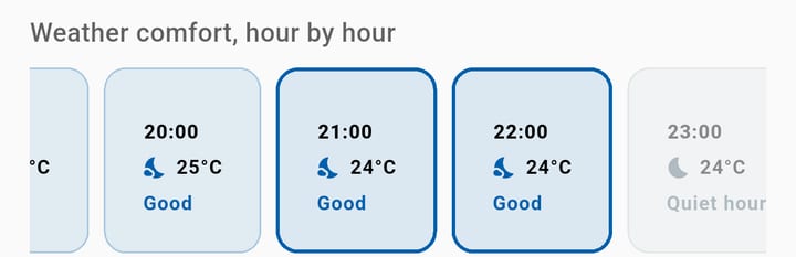 WalkiNova weather comfort hour by hour: 20:00, 21:00 and 22:00 rated Good, the best window highlighted, 23:00 marked as a quiet hour