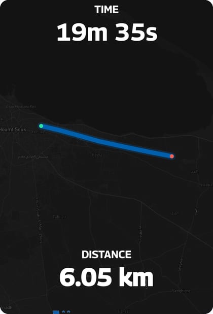 WalkiNova route image, Map style: a 6.05 km route drawn as a blue line with time 19m 35s
