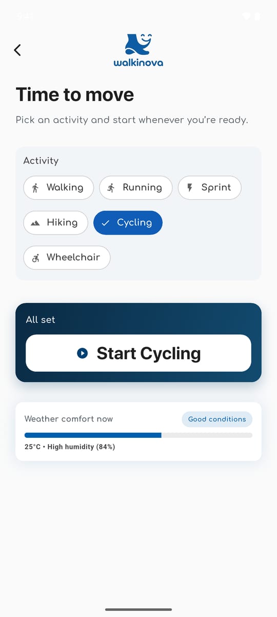 WalkiNova screen to pick an activity and start