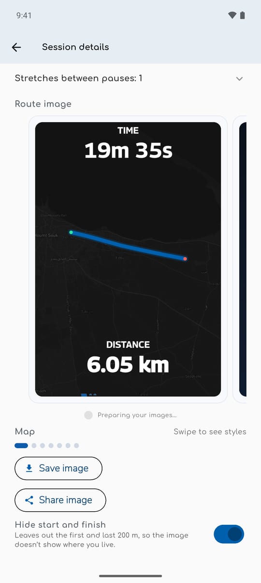 WalkiNova route image carousel with Save image, Share image and the Hide start and finish switch turned on