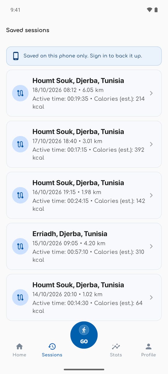 WalkiNova saved sessions list with distance, active time and estimated calories for each session