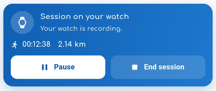 WalkiNova phone card “Session on your watch”: 00:12:38 and 2.14 km, with Pause and End session